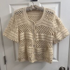 Vintage Women's BOHO Cream Handmade Crochet Button-Front Short Sleeve Cardigan